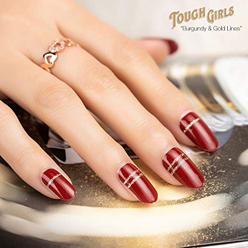 | 20 Exquisite Gel Nail Polish Strips w/Application Accessories - No UV/LED Lamp Required (Holiday | Burgundy & Gold Lines)