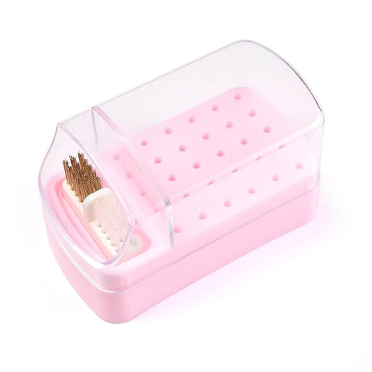2 in 1 Nail Drill Bit Holder & Nail Drill Bit Cleaner Brush Case 30 Holes Dustproof Nail Drill Bit Display Stand Organizer Box Manicure Drill Bits Cleaning Brush Bits Storage Tool, Pink