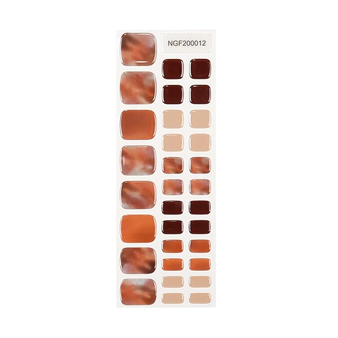 Semi Cured Gel Toenail Strips, 32 Mocha Marble Gel Toenail Stickers - Works with Any UV Lamps Pedicure Strips Full Nail Wraps with Nail File & Wood Stick