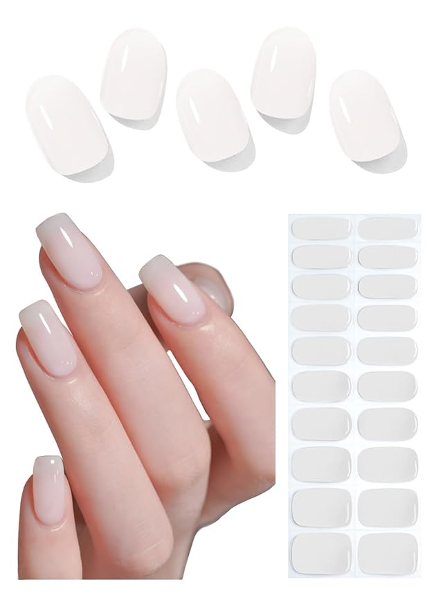 Semi Cured Gel Nail Strips, 20pcs UV Stickers, Sheer Mliky Wraps for Home Nails DIY