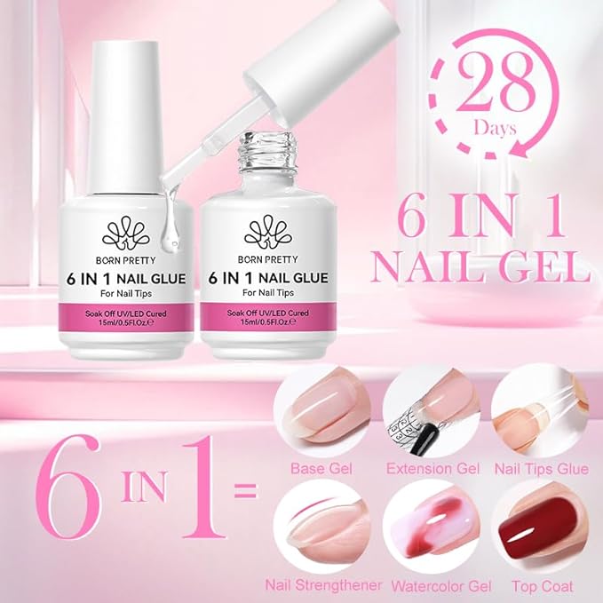 Born Pretty Nail Glue for Tips, 6 in 1 Gel Nail Gel Extension Gel,Blooming Gel,Base Gel Top Coat,Builder and Strengthener Gel for Nail Art Design