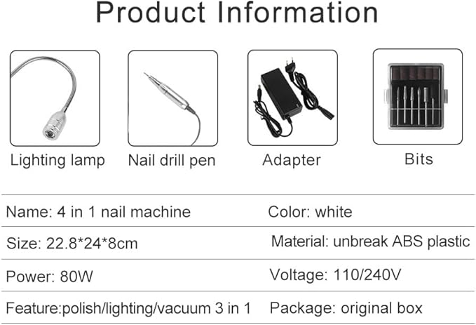 Low Noise Rechargeable Nail Table Dust Collector Professional Powerful 4in1 80W 30000RPM Nail Dust Collector for Salon, White