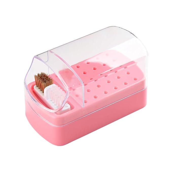 2 in 1 Pink Nail Drill Bit Holder and Nail Drill Bits Cleaner Brush Case, 30 Holes Dust-proof Nail Bit Holder Organizer Display Storage Box, Nail Bit Cleaning Case Manicure Container Tool