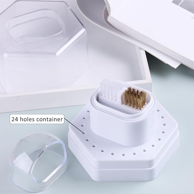 2 in1 Nail Drill Bit Holder and Nail Drill Bits Cleaner Brush Case, 24 Holes White Nail Drill Bit Holder Stand Display Organizer Dust Proof Storage Container Box Case Nail Tech Supplies