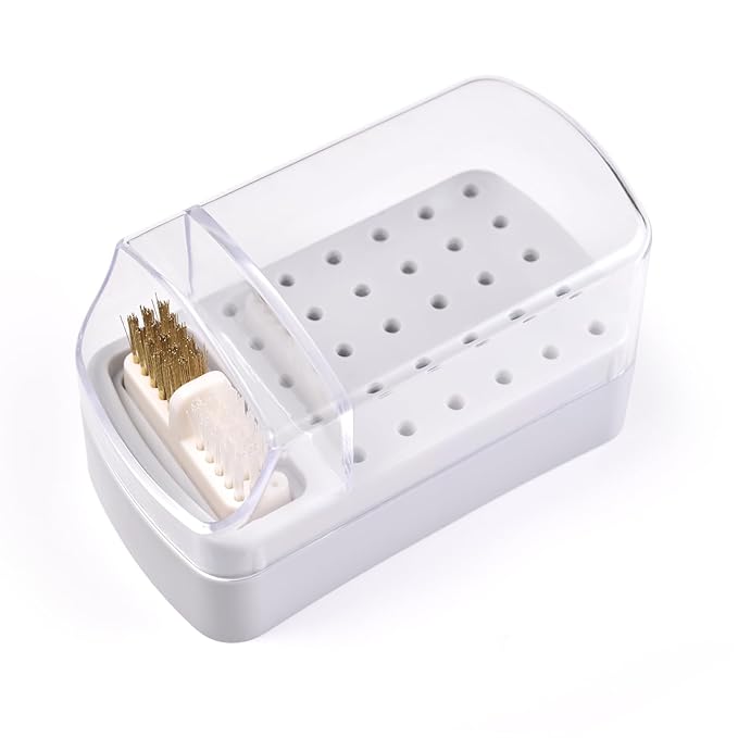2 in 1 Nail Drill Bit Holder & Nail Drill Bit Cleaner Brush Case 30 Holes Dustproof Nail Drill Bit Display Stand Organizer Box Manicure Drill Bits Cleaning Brush Bits Storage Tool, Grey