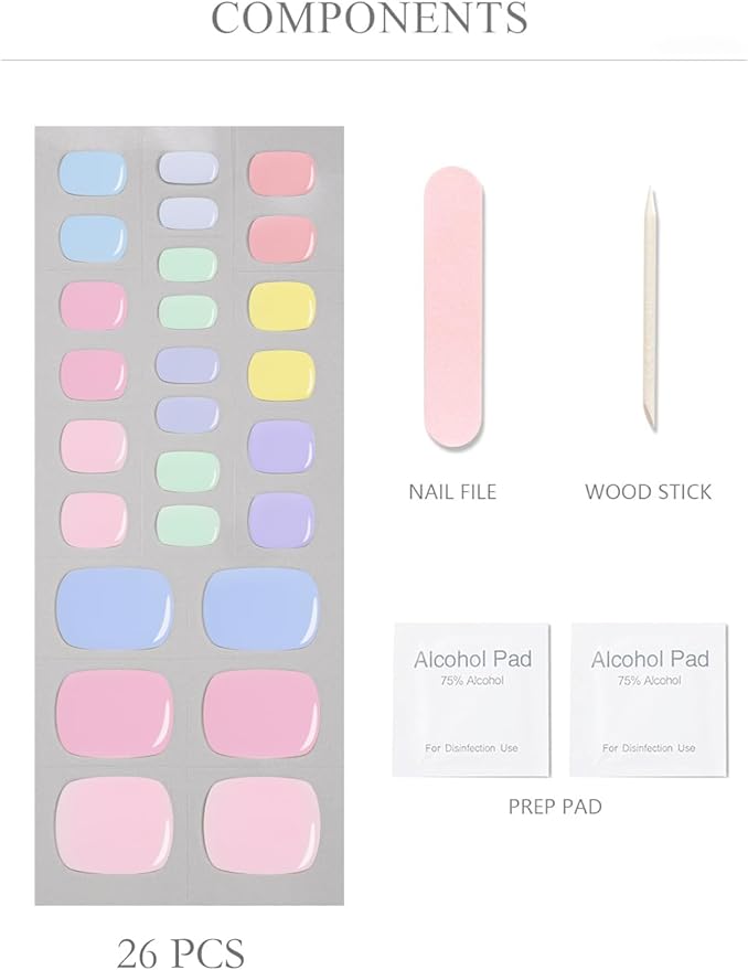Semi Cured Gel Toenail Strips, 26 Macaron Gel Toe Nail Stickers, Works with Any UV Lamps