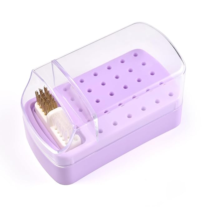 2 in 1 Nail Drill Bit Holder & Nail Drill Bit Cleaner Brush Case 30 Holes Dustproof Nail Drill Bit Display Stand Organizer Box Manicure Drill Bits Cleaning Brush Bits Storage Tool, Purple