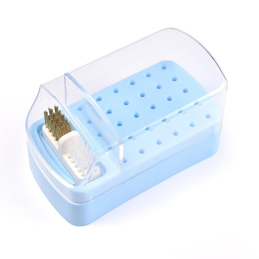 2 in 1 Nail Drill Bit Holder & Nail Drill Bit Cleaner Brush Case 30 Holes Dustproof Nail Drill Bit Display Stand Organizer Box Manicure Drill Bits Cleaning Brush Bits Storage Tool, Blue