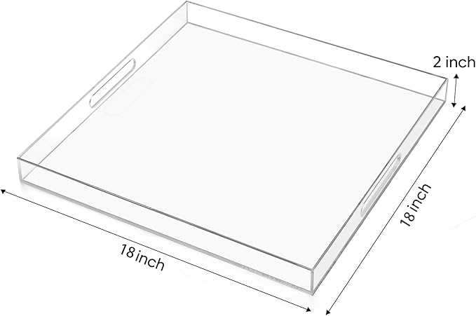 18×18 inches Oversized Clear Acrylic Ottoman Tray Extra Large Decorative Tray Spill-Proof Serving Trays with Handles King-Size Safe Edge Organizer for Coffee Table Countertop Breakfast