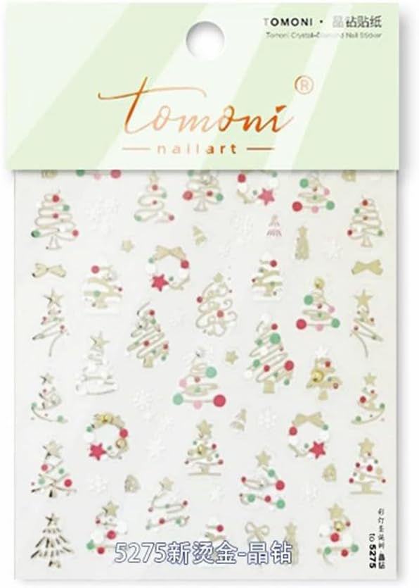 Christmas Nail Art Stickers Golden Xmas Tree Nail Decals with Rhinestone 1PCS Xmas Trees Snowflake Star Bow Christmas Nails Design Adhesive Stickers Nail Art Supplies for Women Holiday DIY Nail Art