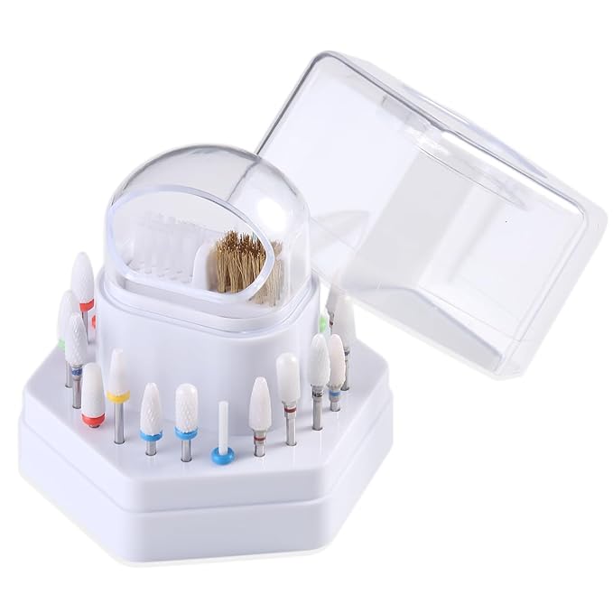 2 in1 Nail Drill Bit Holder and Nail Drill Bits Cleaner Brush Case, 24 Holes White Nail Drill Bit Holder Stand Display Organizer Dust Proof Storage Container Box Case Nail Tech Supplies