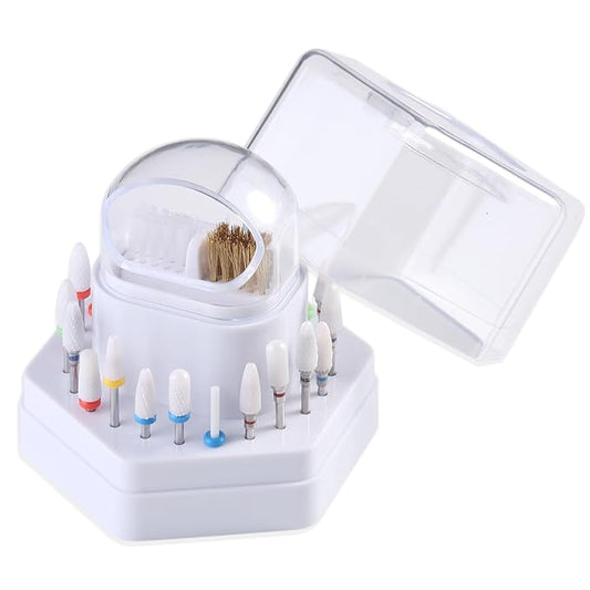 2 in1 Nail Drill Bit Holder and Nail Drill Bits Cleaner Brush Case, 24 Holes White Nail Drill Bit Holder Stand Display Organizer Dust Proof Storage Container Box Case Nail Tech Supplies