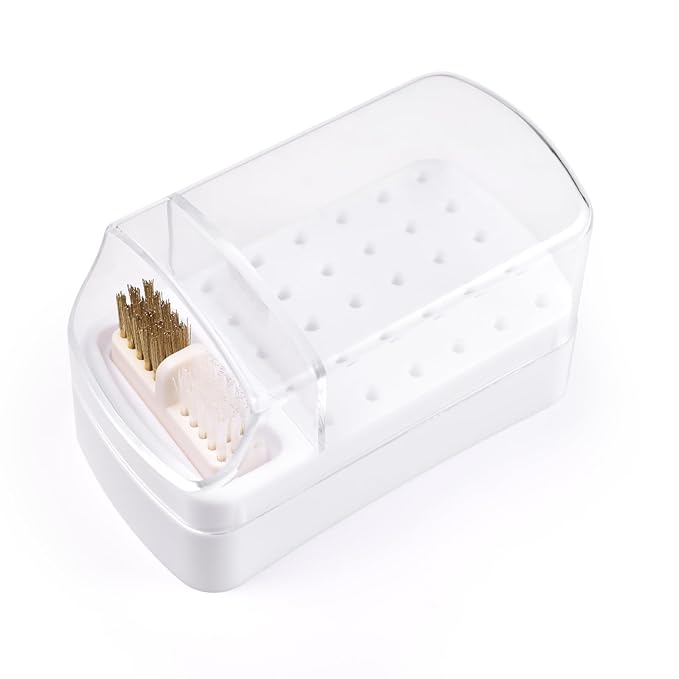 2 in 1 Nail Drill Bit Holder & Nail Drill Bit Cleaner Brush Case 30 Holes Dustproof Nail Drill Bit Display Stand Organizer Box Manicure Drill Bits Cleaning Brush Bits Storage Tool, White