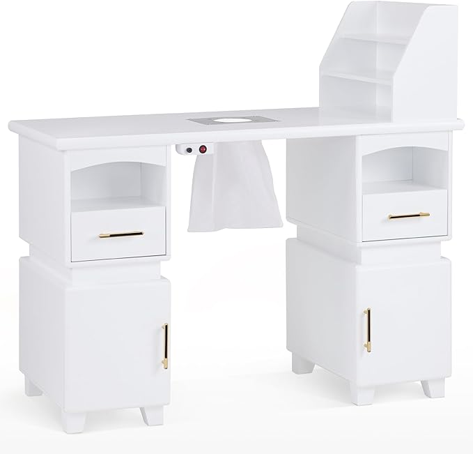 BarberPub Professional Nail Station Desk Manicure Table with Electric Dust Collector, Nail Makeup Desk with Shelves, Storage Beauty Salon Workstation with 4 Drawers Storage Cabinets VC258 (White)