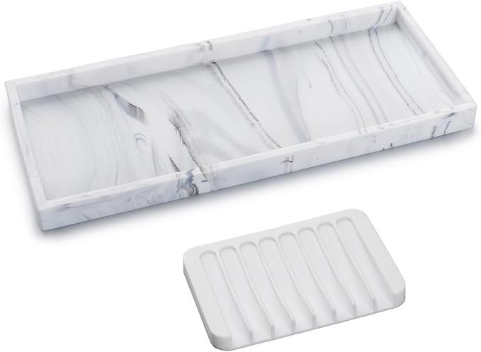 Bloss Small Bathroom Vanity Tray with Soap Dish, 8 x 4 inch Silicone Marble Tray for Kitchen Counter,Toilet Tank Storage,Perfume Trays for Dresser, Jewelry, Candle, Key