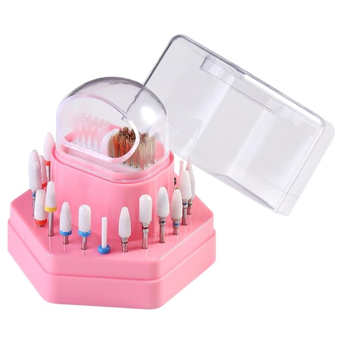 2 in1 Nail Drill Bit Holder and Nail Drill Bits Cleaner Brush Case, 24 Holes Pink Nail Drill Bit Holder Stand Display Organizer Dust Proof Storage Container Box Case Nail Tech Supplies