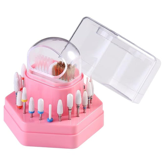 2 in1 Nail Drill Bit Holder and Nail Drill Bits Cleaner Brush Case, 24 Holes Pink Nail Drill Bit Holder Stand Display Organizer Dust Proof Storage Container Box Case Nail Tech Supplies