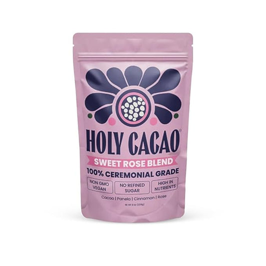 Holy Cacao Sweet Rose Blend – Organic Ceremonial Grade Cacao with Rose for Rituals & Meditation – Vegan, Gluten-Free, High Flavanol Cocoa Powder, and Crio Bru Alternative (8 OZ, Sweet Rose Blend)