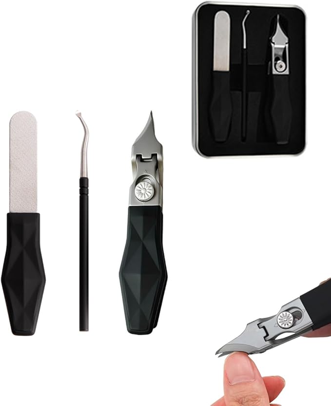 Eagle Beak Nail Clippers 3-Piece Set Black Angled Oblique Slanted Curved Wide Anti Splash Professional Nail Cutter for Women Adult Men Seniors Ingrown