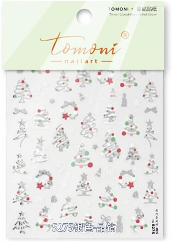 Christmas Nail Art Stickers Silver Xmas Tree Nail Decals with Rhinestone 1PCS Xmas Trees Snowflake Star Bow Christmas Nails Design Adhesive Stickers Nail Art Supplies for Women Holiday DIY Nail Art