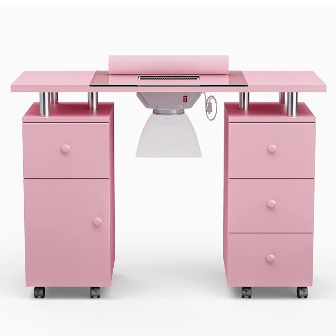 Paddie Manicure Table, Glass Top Nail Makeup Desk Nail Table Station for Nail Tech w/Electric Downdraft Vent, Wrist Cushion, Lockable Wheels, Storage Drawers, Wooden Handles（Pink）