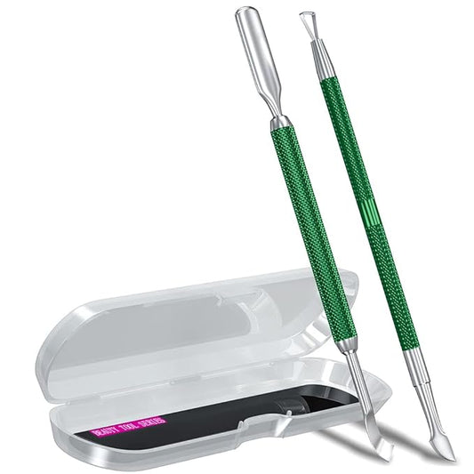 2PCS Metal Dark Green Cuticle Pusher and Cutter Remover Salon Quality Stainless Steel Gel Nail Polish Peeler Scraper Durable Manicure and Pedicure Cleaner Tool For Fingernail and Toenail