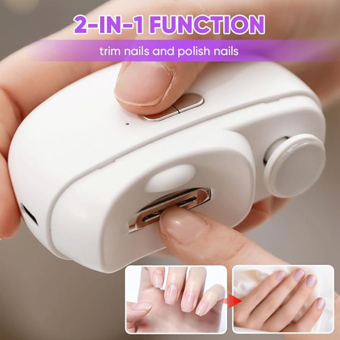 Electric Nail Clippers with Light, Baby Nail Ttrimmer Electric Automatic Finger Toe Clippers Fingernail Grinder Nail Filer Electric for Senior Adults Dual-Speed Child-Lock (White)
