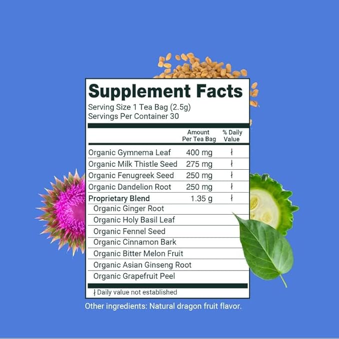 Herbaly Glucose Functional Tea - Vitality & Wellness - Gymnema Sylvestre, Ceylon Cinnamon, Bitter Melon, Dandelion Root, Fenugreek - Daily Teas - Organic Plant-Based Tea Bag Pyramids - 30 ct