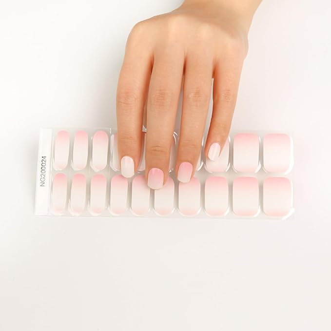 Semi Cured Gel Nail Strips, 20pcs Real Nail Polish Art Stickers, Gradient Pink Gel Nail Stickers - Work with Any UV Lamp, Long Lasting Full Wraps with Nails File and Stick