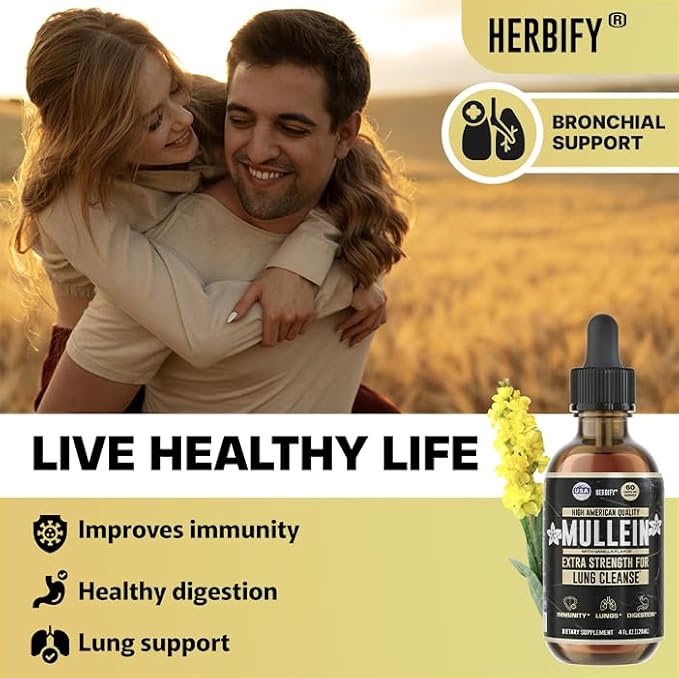 HERBIFY Mullein Drops - Lung Cleanse - Leaf Extract - Powerful Mullein for Immune Support, Detox & Respiratory Support - Made in USA - 4 Oz Vanilla Flavor
