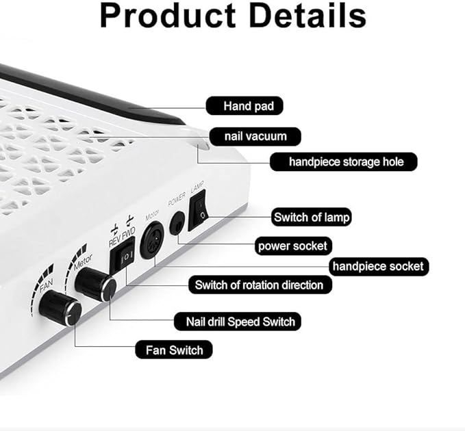 80W 4 in 1 Strong Power Nail Dust Collector UV Gel Polisher Nail Drills Lighting Lamp Hand Pad Vacuum Cleaner Nail Salon, White