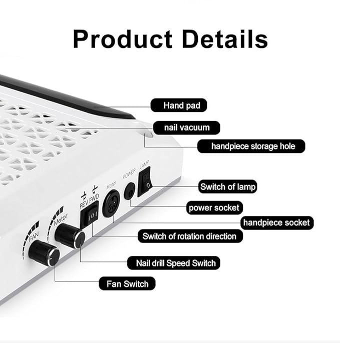 Professional 4 in 1 Nail Machine Supply 80W Strong Suction Nail Dust Collector with Drill Manicure Machine for Acrylic Nail, White