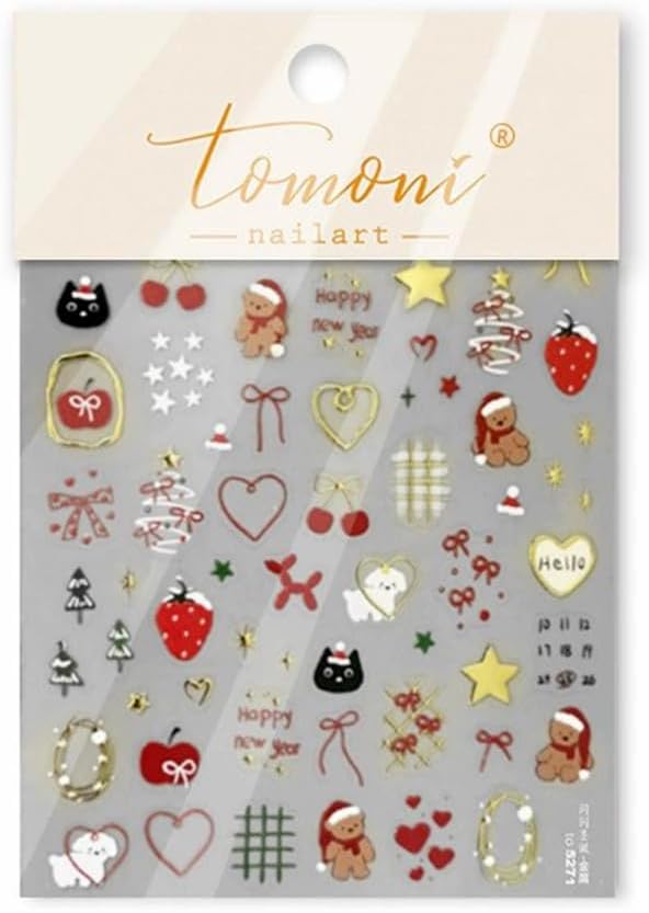 Christmas Nail Stickers 5D Embossed Xmas Nail Decals 1PCS Bear Bow Christmas Tree Star Love Heart Cartoon Self-Adhesive Design Holiday Nail Stickers Manicure Accessories for Women DIY Nail Art Decor
