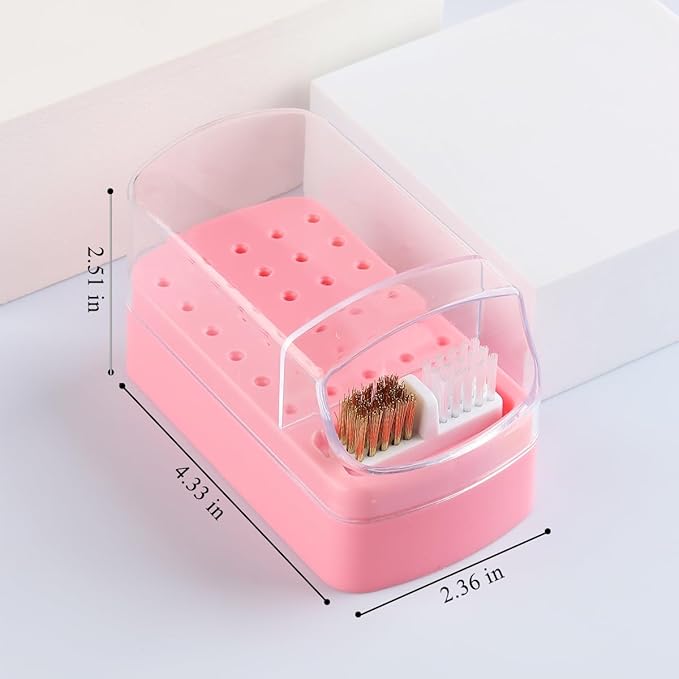 2 in 1 Pink Nail Drill Bit Holder and Nail Drill Bits Cleaner Brush Case, 30 Holes Dust-proof Nail Bit Holder Organizer Display Storage Box, Nail Bit Cleaning Case Manicure Container Tool