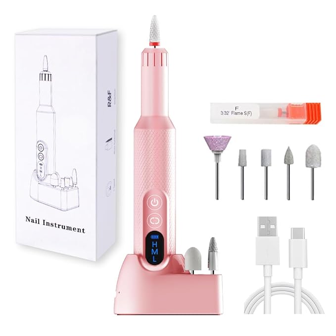 Pinkiou Electric Nail Drill, Cordless Electric Nail File ,Manicure Pedicure Kit for Acrylic,Gel Nails,Rechargeable Nail Drill,Professional Nail Grinder for Home Salon Use（Pink）