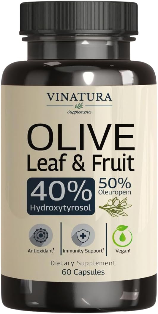 Hydroxytyrosol Supplement, Olive Leaf Extract - 40% Hydroxytyrosol Olive Fruit Extract, 50% Oleuropein Olive Leaf Extract Capsules - 60 Capsules