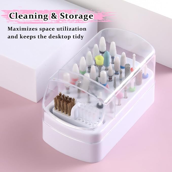 2 in 1 Nail Drill Bits Holder and Nail Drill Bits Cleaner Brush Case, 30 Holes Dustproof Stand Display Organizer Container with Steel Wire & Nylon Double Brush Manicure Drill Clean Tools