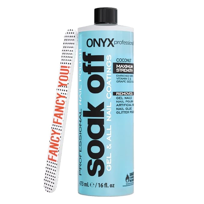 Onyx Professional Coconut Scented Nail Polish Remover with Nail File, 16 oz, Maximum Strength Soak Off Gel Polish Remover, Vitamin E & Grape Seed Oil Enriched Nourishing Formula