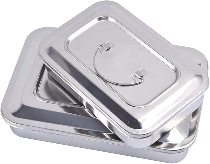 Medical Surgical Trays Stainless Steel Dental Instruments Tray Organizer Holder Sterilization Plate Trays Boxs with Lid & Handle Grip Large