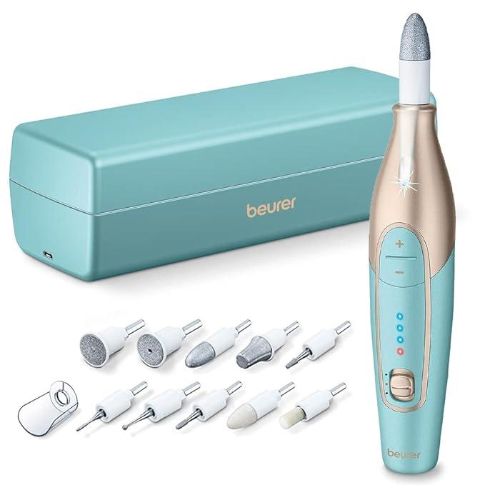 Beurer MP84 Professional Manicure & Pedicure Nail Drill Kit, 14-Piece Cordless Electric Nail File with 10 Attachments, LED Light, Adjustable Speed, Charging Storage Case