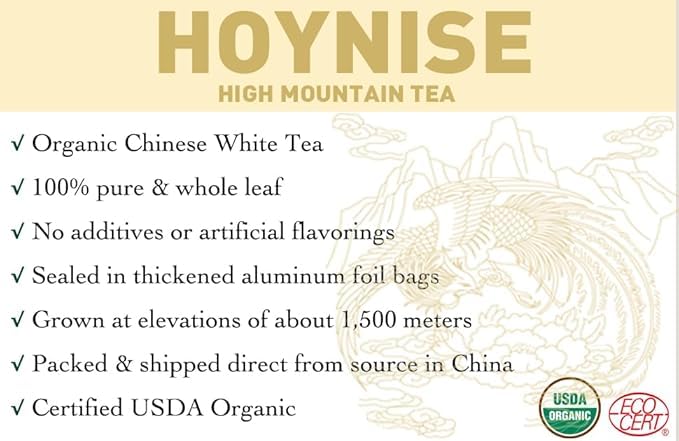 HOYNISE - Organic White Tea Loose Leaf - Moonlight White - Low Caffeine - Zero Artificial Flavorings & Additives - High in Antioxidants, 25 Cups/1.76oz