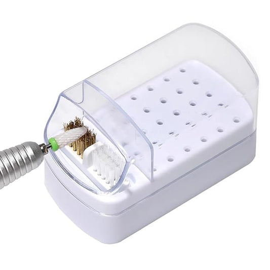 2 in 1 Nail Drill Bits Holder and Nail Drill Bits Cleaner Brush Case, 30 Holes Dustproof Stand Display Organizer Container with Steel Wire & Nylon Double Brush Manicure Drill Clean Tools