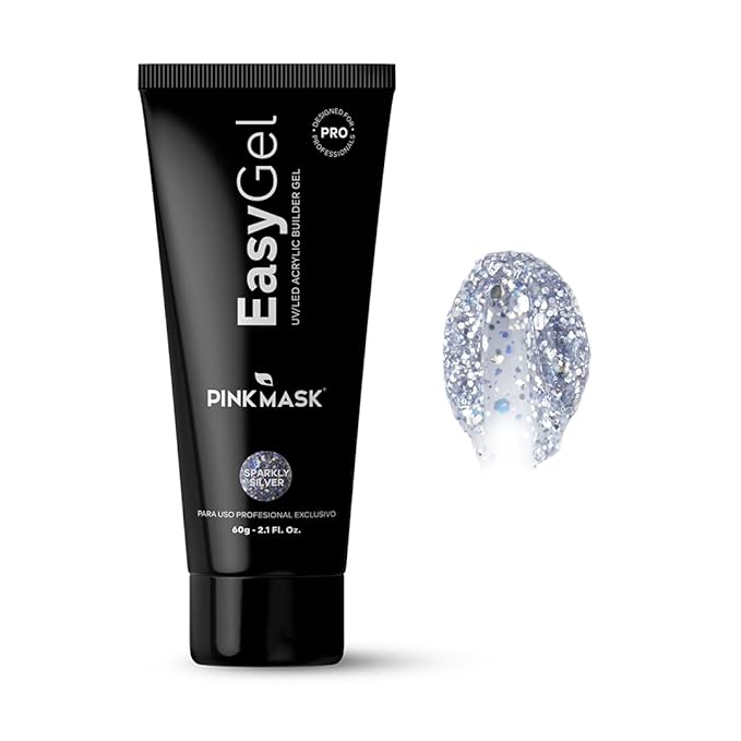 PINKMASK Easy Gel 2oz 60g- Sparkly Silver, Professional Builder Enhancement Gel-Quick Nail Extension for Beginner DIY, Nail Strengthener-Long Lasting-Salon Quality-Thickening Solution