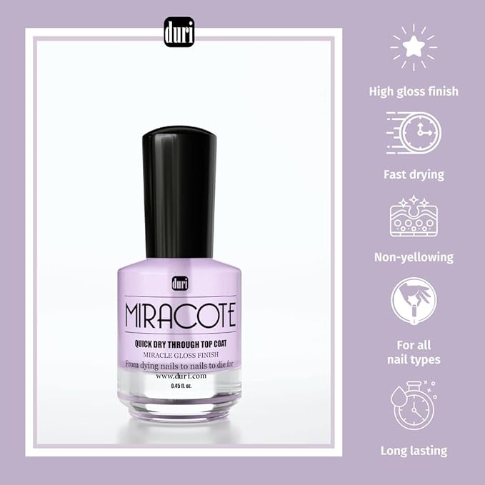 duri Miracote Quick Dry Through Top Coat for Miracle Gloss Finish, None Yellowing, Low Viscosity, Protects Polish from Chipping, Super Glossy, 2 pack