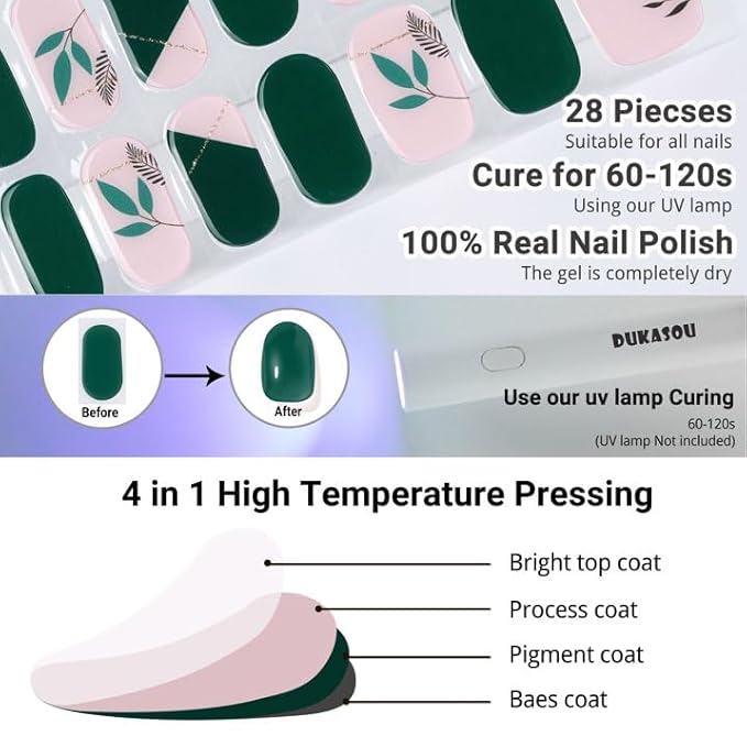 Semi Cured Gel Nail Strips (Green), 28 pcs Gel Nail Stickers, Work with Any UV Lights, Long-Lasting NailWraps for Women Art DIY Gift, Salon-Quality, Easy to Apply & Remove