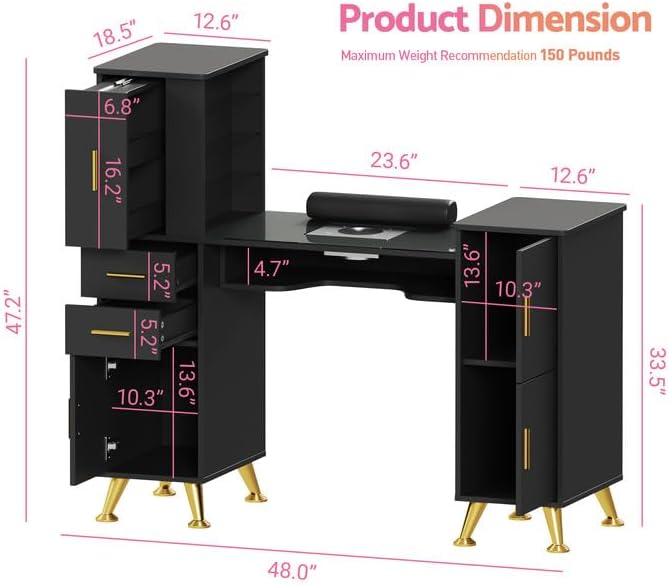 Manicure Table Nail Desk with Glass Top & Wrist Rest, Nail Station with Dust Collector & 4 Dust Bags, Beauty Salon Workstation with Storage Drawers & Cabinet (Black)