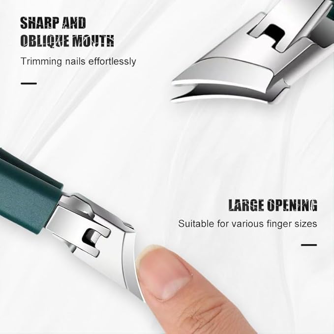 Splashproof 25° Beveled Edge Nail Clippers 3-Piece Set, New Long Handle Wide Jaw Opening Anti-Splash Slanted Nail Clipper for Thick and Ingrown Nails,Includes Nail File for Complete Nail Care (Green)