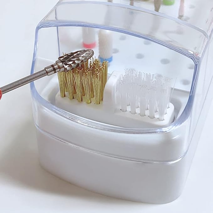 2 in 1 Nail Drill Bits Holder & Nail Drill Bits Cleaning Brush Case, Electric Nail Drill Bits Holder Stand Display Organizer Dustproof Case for Nail Manicure Tools(White)
