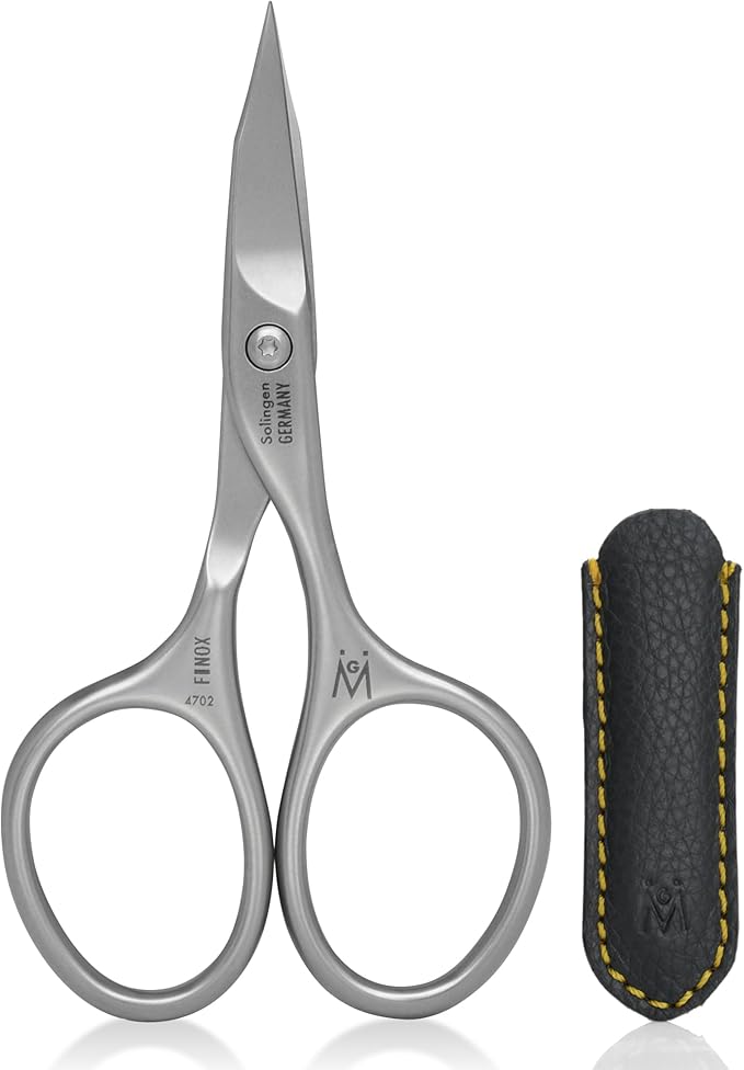 GERMANIKURE Nail and Cuticle Scissors - FINOX Stainless Steel Professional nail scissors for nail tips - nail scissors curved Manicure Tools in Leather Case - Ethically Made in Solingen Germany - 4702