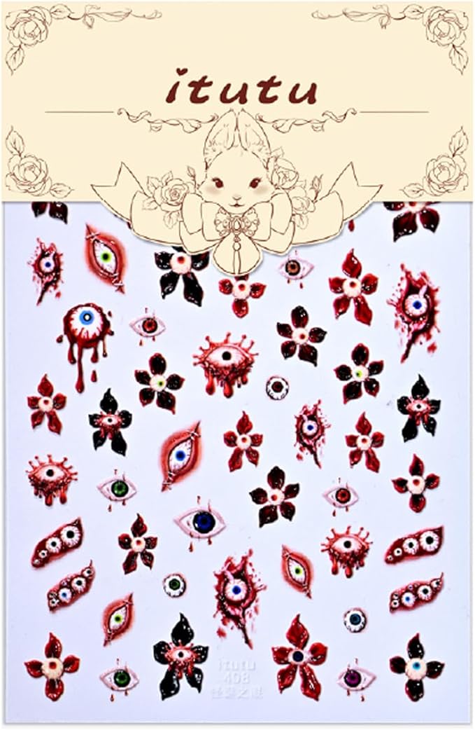 1Sheet Horror Blood Eye Nail Art Stickers 5D Embossed Halloween Nail Decals Self-Adhesive Evil Flower Nail Stickers with Bloody Eyeball Design Nail Decal Weird Eye Nail Sticker for Women Nails Decor